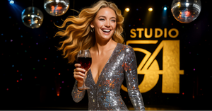 Woman in a sparkly dress holding a drink with 'Studio 54' logo in the background